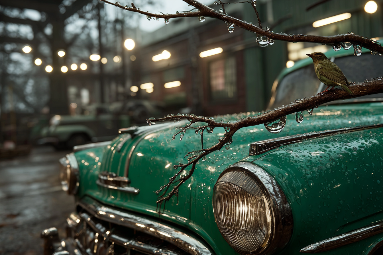 Vintage Grünes Auto Und Vogel Bei Regen Urbane Umgebung | Voegel | Tiere