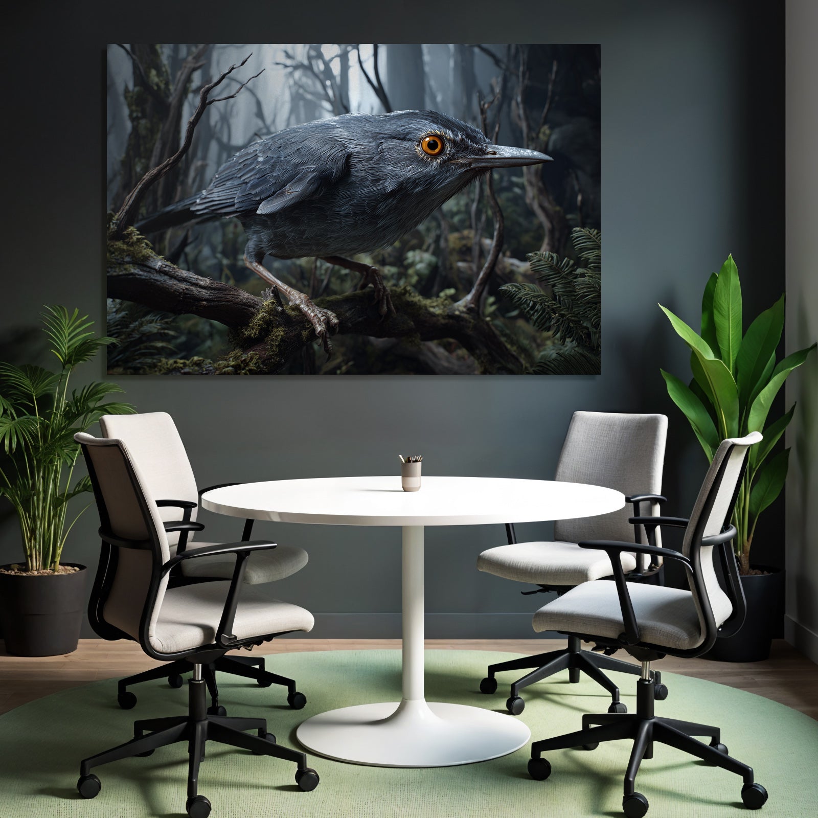 Vogel Auf Einem Ast Im Nebligen Wald Mit Details Und Grünem Hintergrund