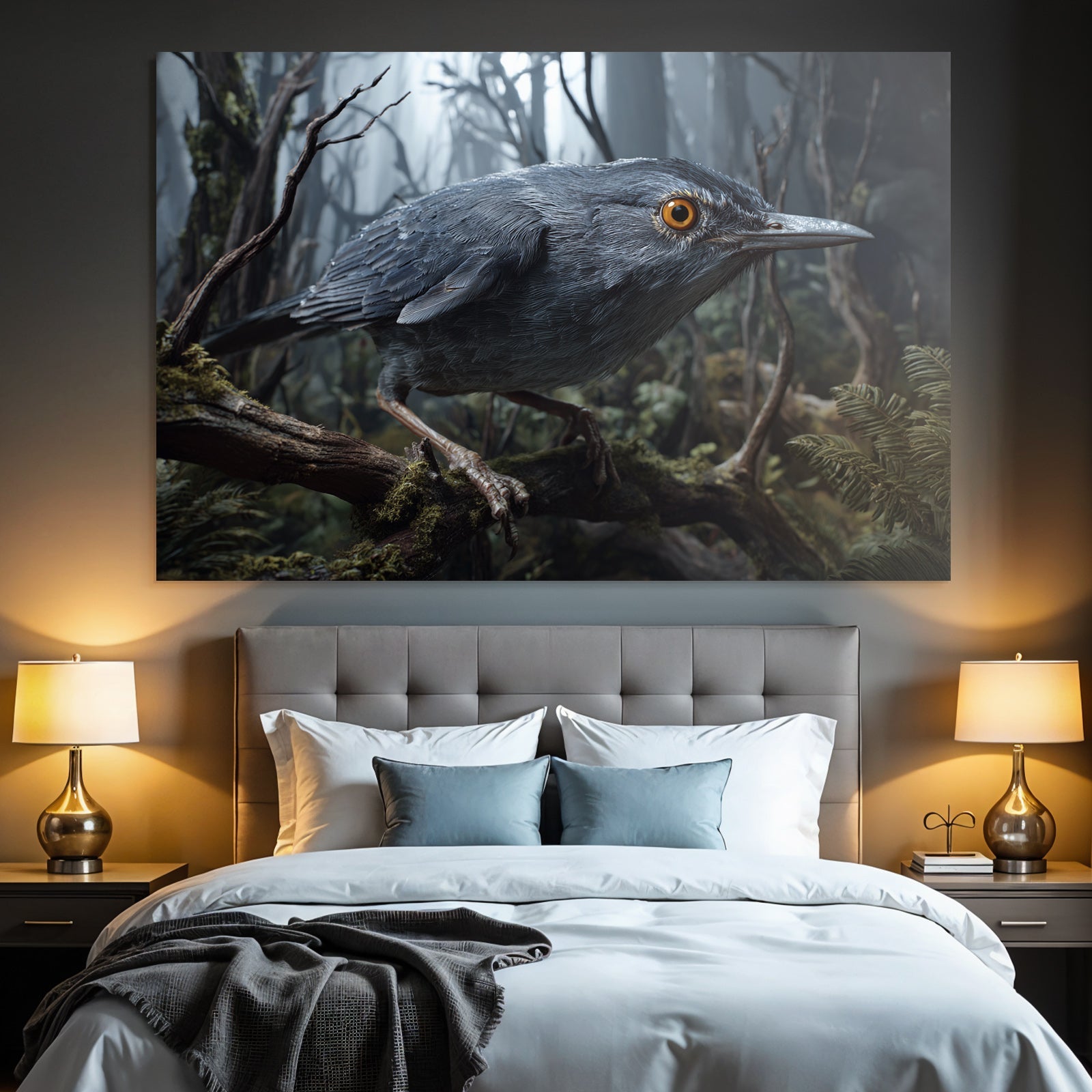 Vogel Auf Einem Ast Im Nebligen Wald Mit Details Und Grünem Hintergrund