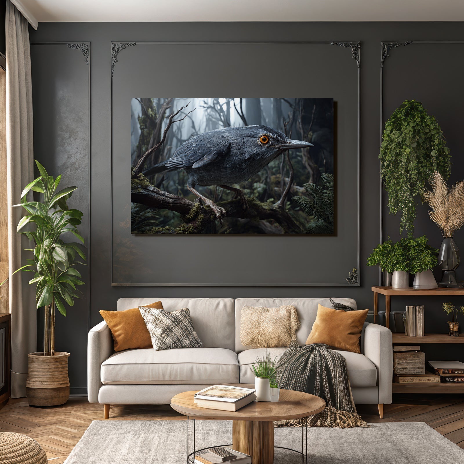 Vogel Auf Einem Ast Im Nebligen Wald Mit Details Und Grünem Hintergrund