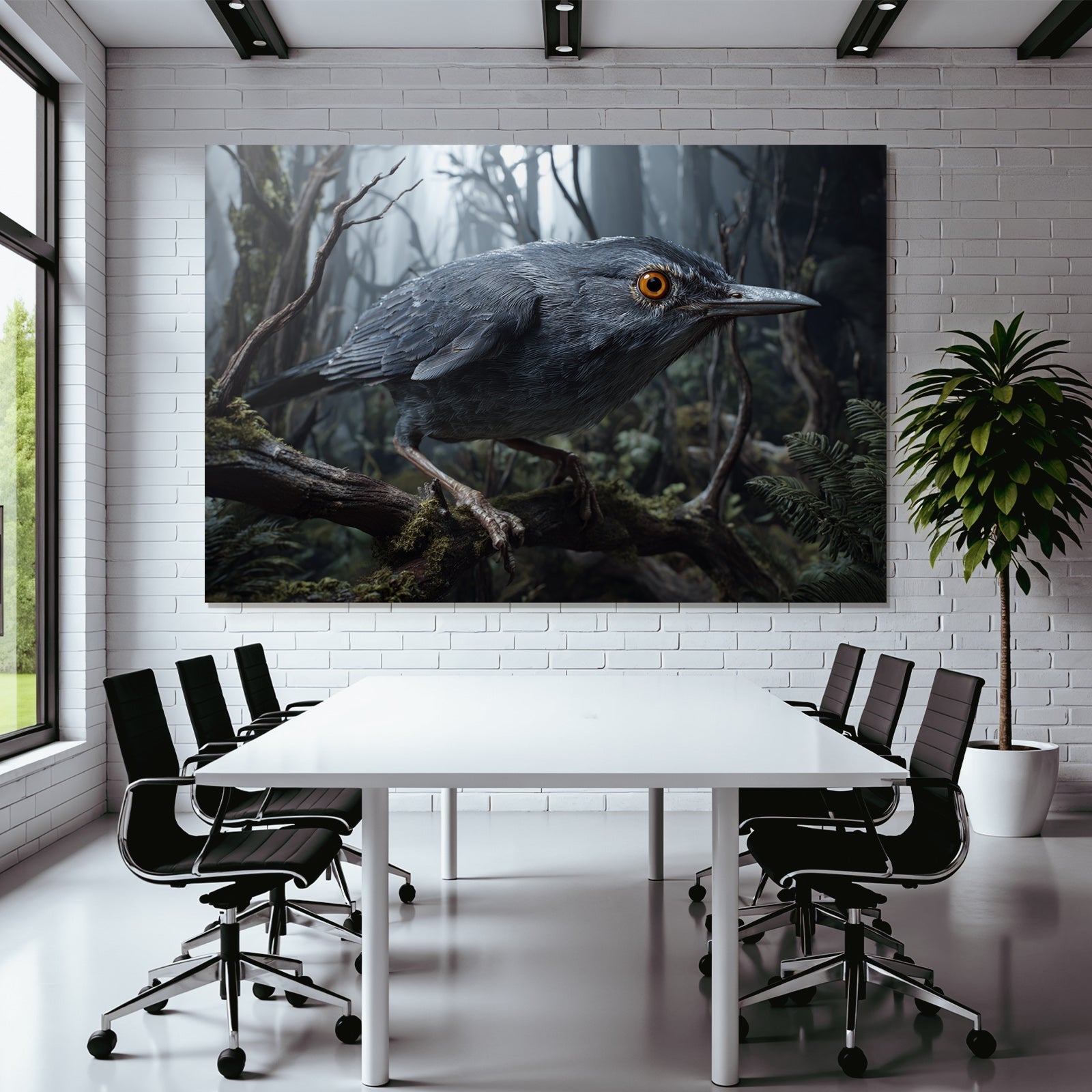 Vogel Auf Einem Ast Im Nebligen Wald Mit Details Und Grünem Hintergrund