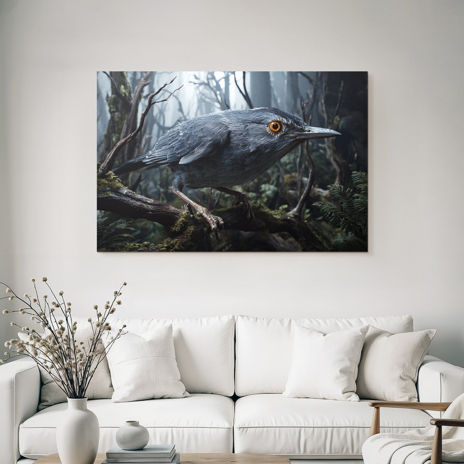 Vogel Auf Einem Ast Im Nebligen Wald Mit Details Und Grünem Hintergrund