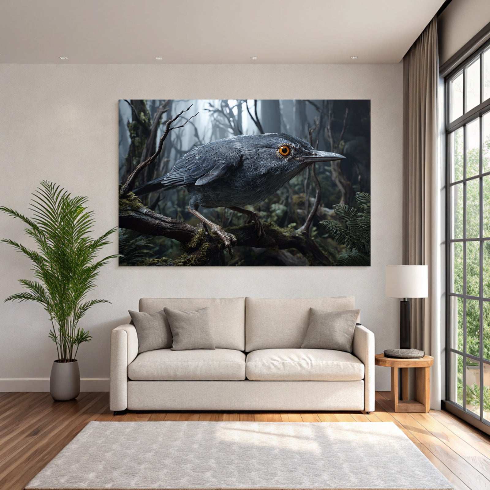 Vogel Auf Einem Ast Im Nebligen Wald Mit Details Und Grünem Hintergrund