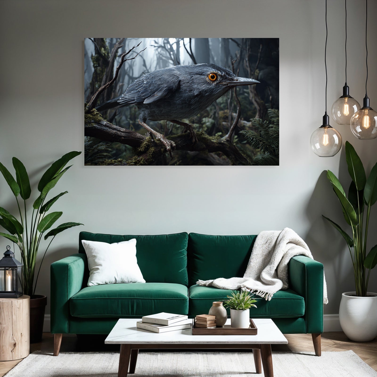 Vogel Auf Einem Ast Im Nebligen Wald Mit Details Und Grünem Hintergrund