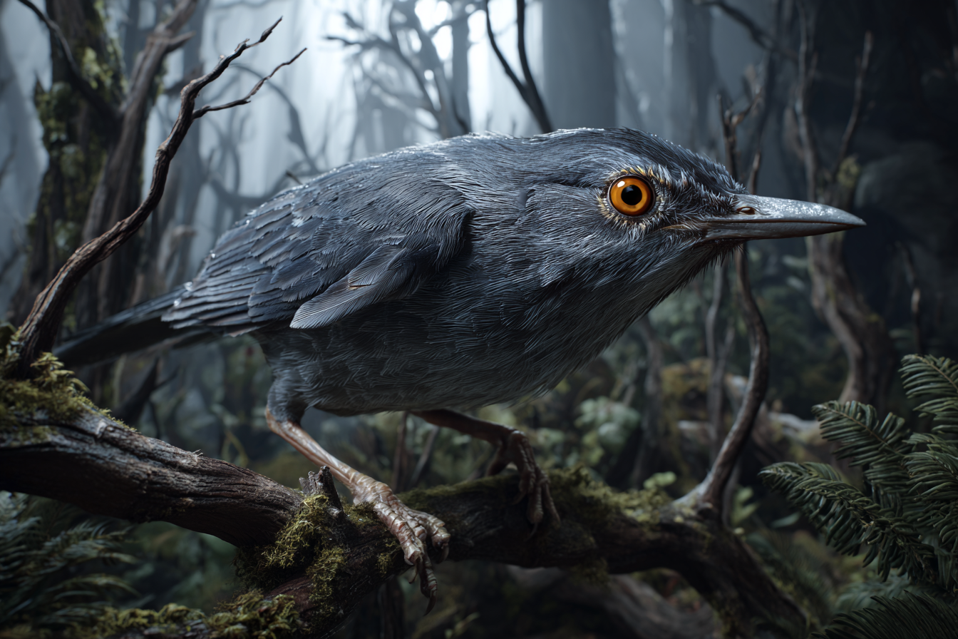 Vogel Auf Einem Ast Im Nebligen Wald Mit Details Und Grünem Hintergrund | Voegel | Tiere