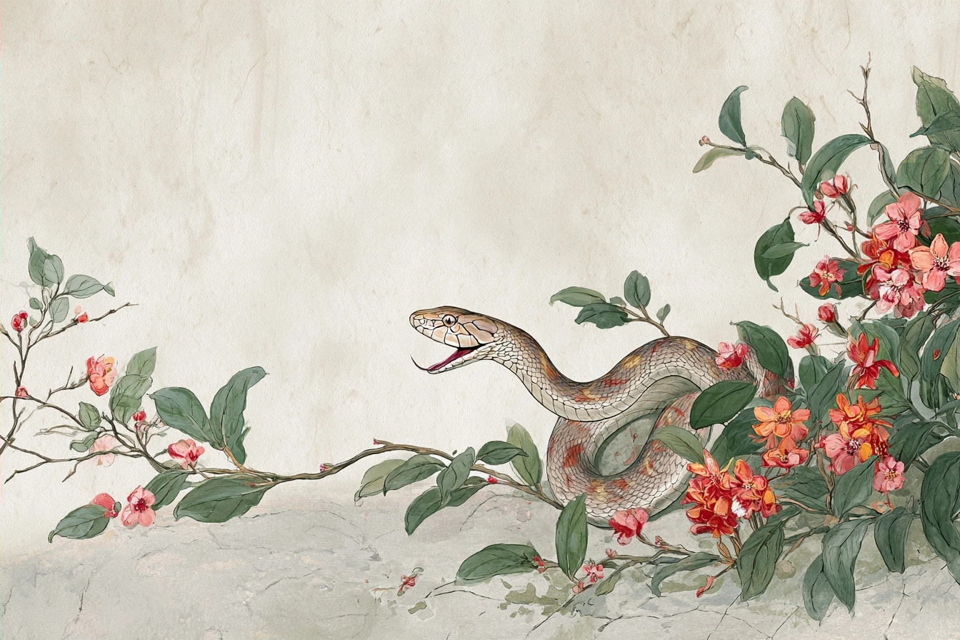 Schlange Mit Bluhenden Blüten Und Blättern Im Botanischen Stil