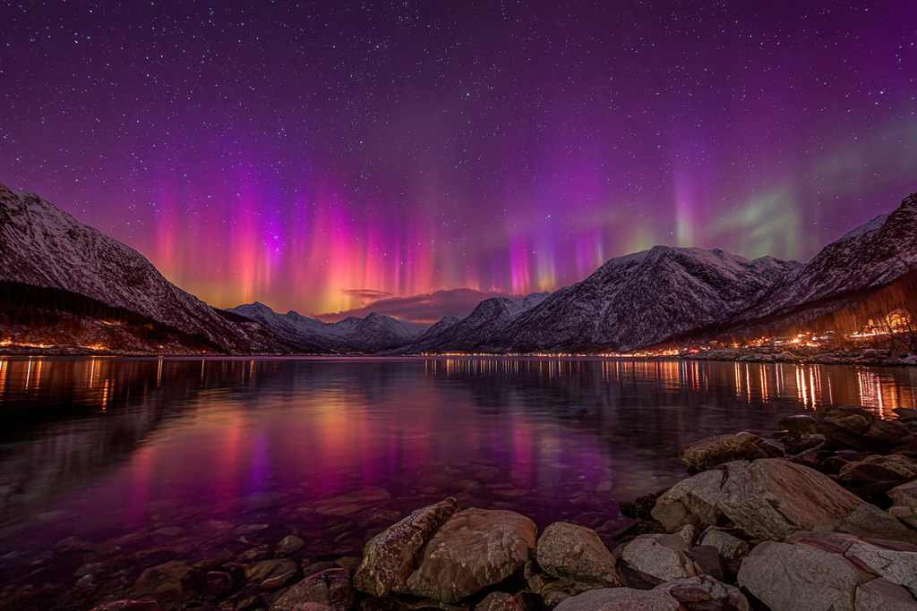 Polarlicht Aurora Borealis Über Einem See Mit Schneebedeckten Bergen | Fjorde und Gletscher | Landschaften