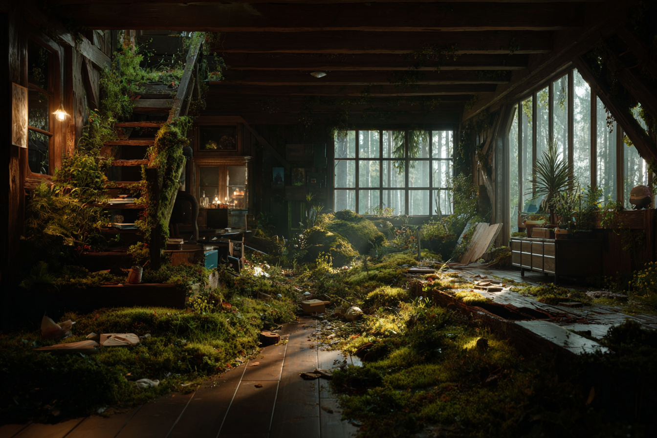 Überwuchertes Innenraum Eines Hüttenraums Mit Natürlichem Licht | Lost Places | Architektur