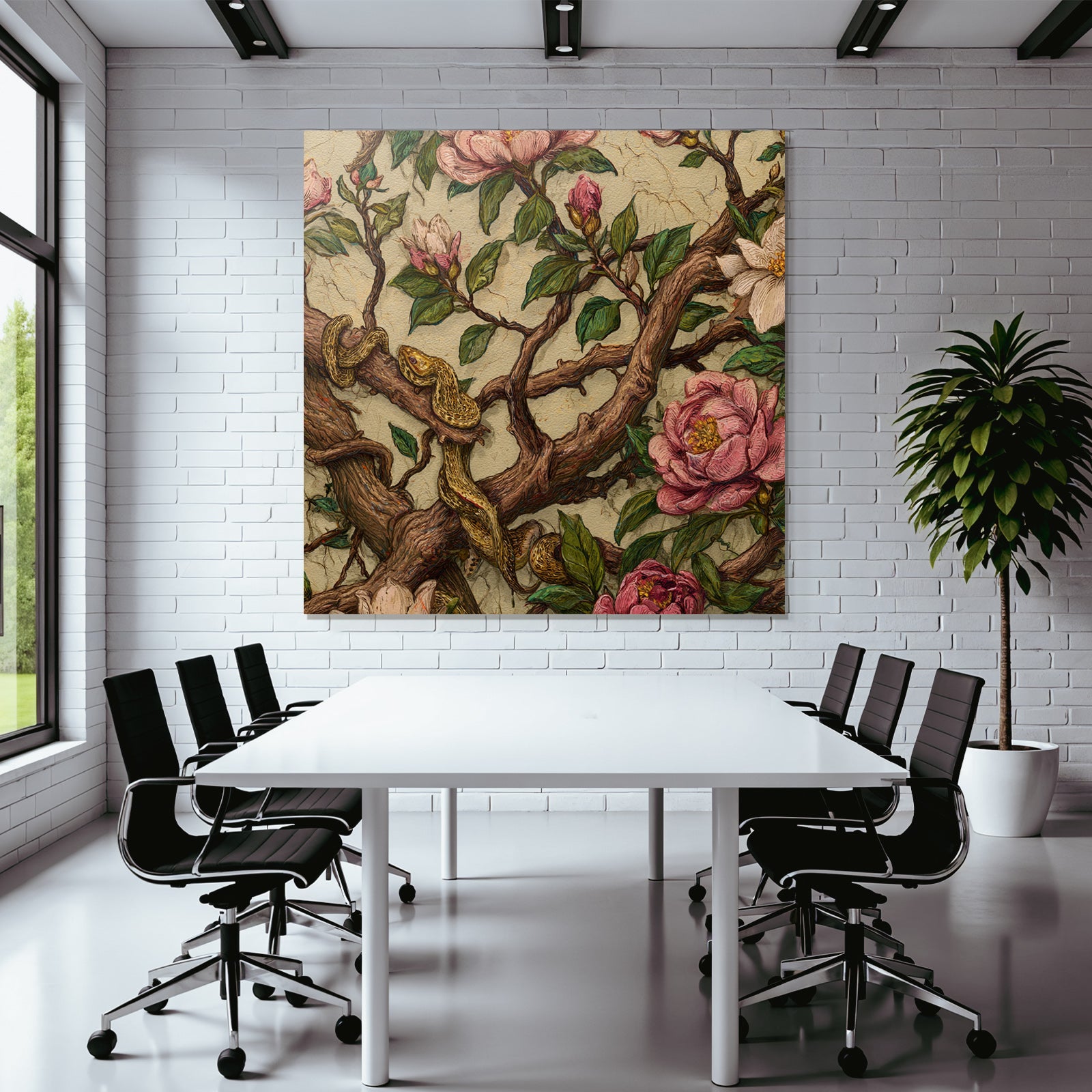 Verflochtene Zweige Mit Rosa Magnolien Und Schlange
