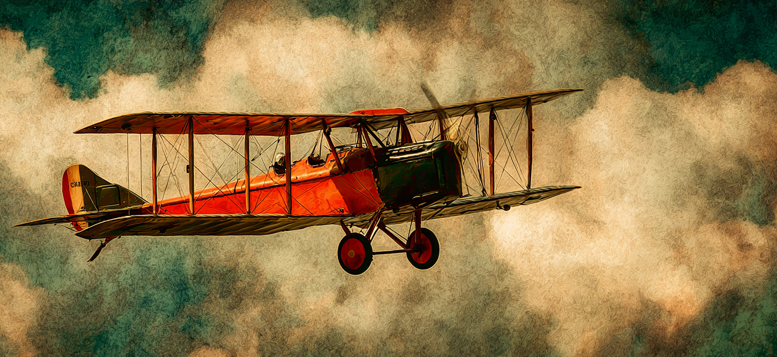 Vintage Biplane Roter Himmel Mit Nebel Kunstwerk | Flugzeuge | Mobilitaet und Technik