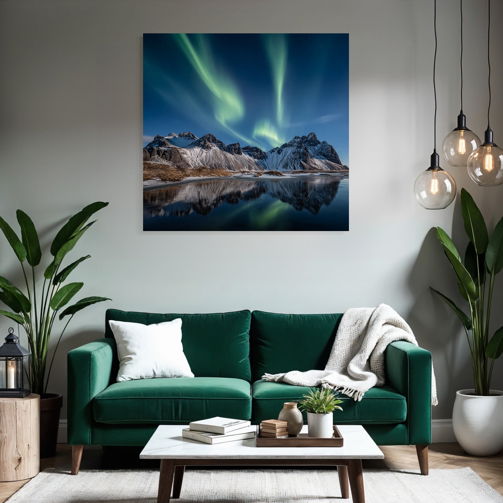 Polarlicht Schneebedeckte Berge Und Nordlichter Auf Dem Wasser | Fjorde und Gletscher | Landschaften