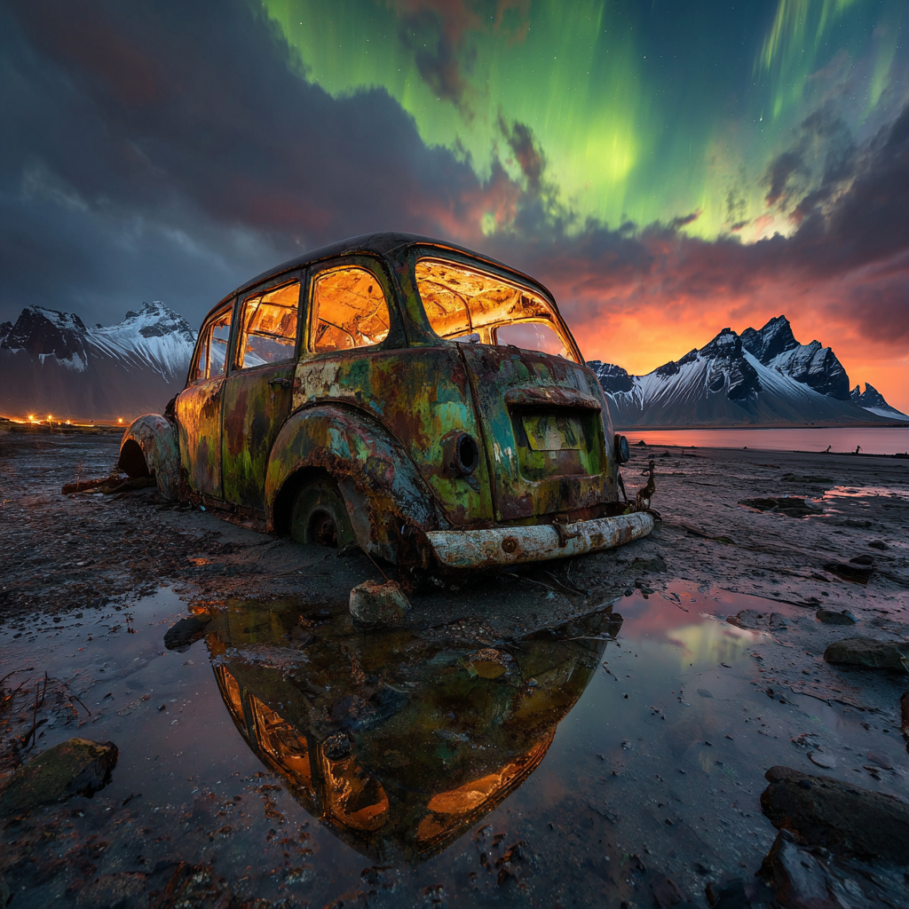 Polarlicht Verlassener Rustiger Wagen In Natur Mit Aurora Borealis Im Himmel | Fjorde und Gletscher | Landschaften