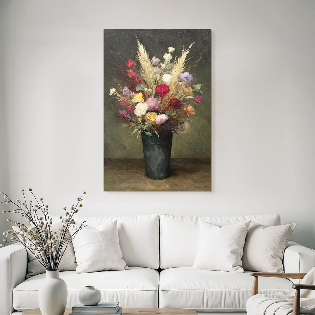 Trocken Retro Flowers Stille Leben Mit Im Dunkelgrünen Vase