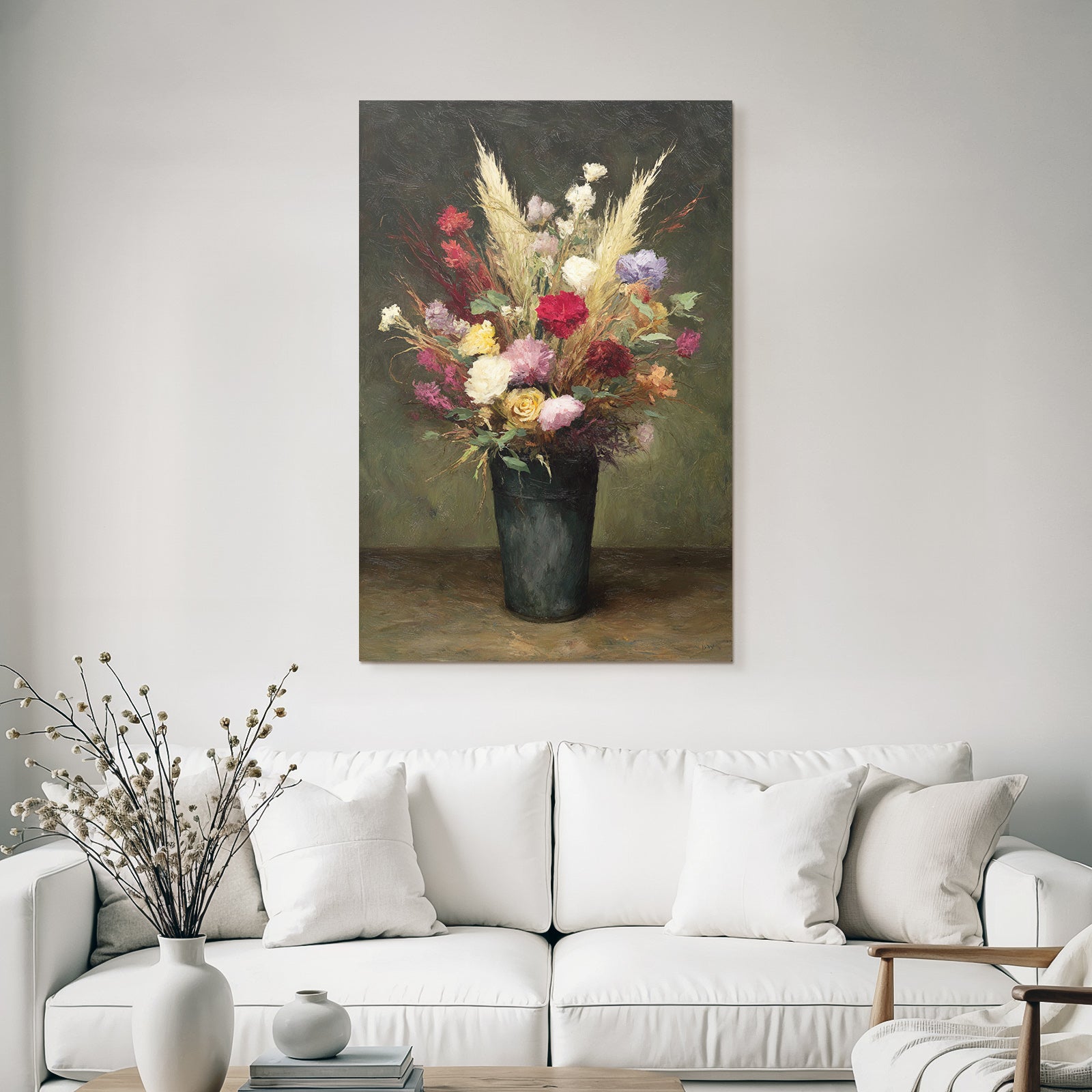 Trocken Retro Flowers Stille Leben Mit Im Dunkelgrünen Vase