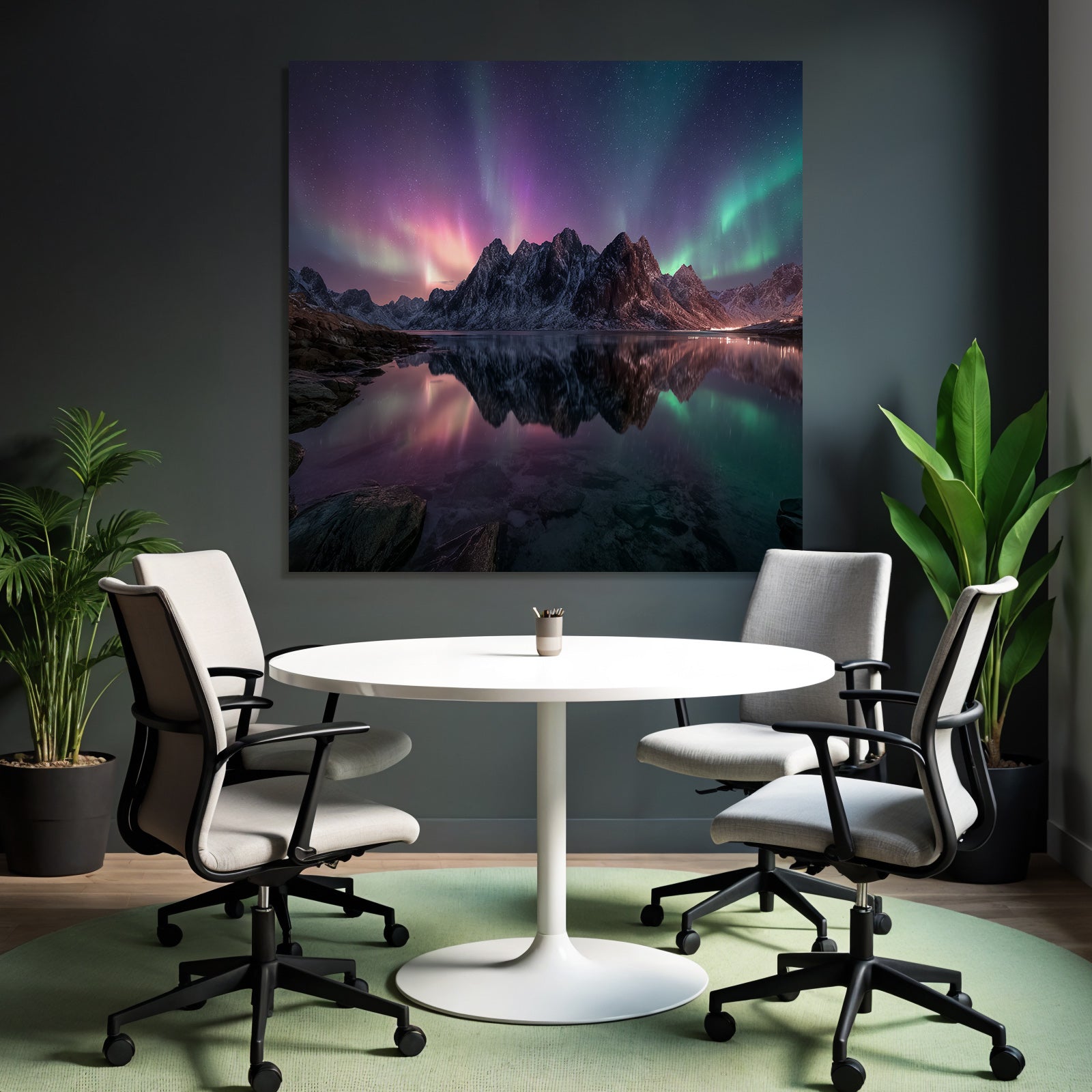 Polarlicht Schöne Naturlandschaft See Umgeben Von Schneebedeckten Bergen Aurora Nacht | Fjorde und Gletscher | Landschaften