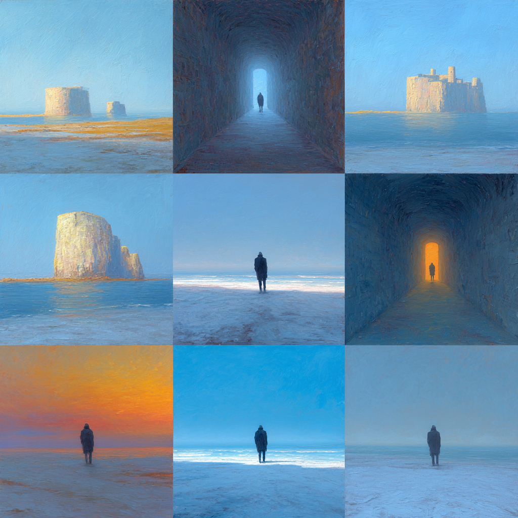Yoga Meditation Einsame Figuren In Landlandschaften Collage Impressionistische Malerei | Yoga und Meditation | Themen und Hobbys