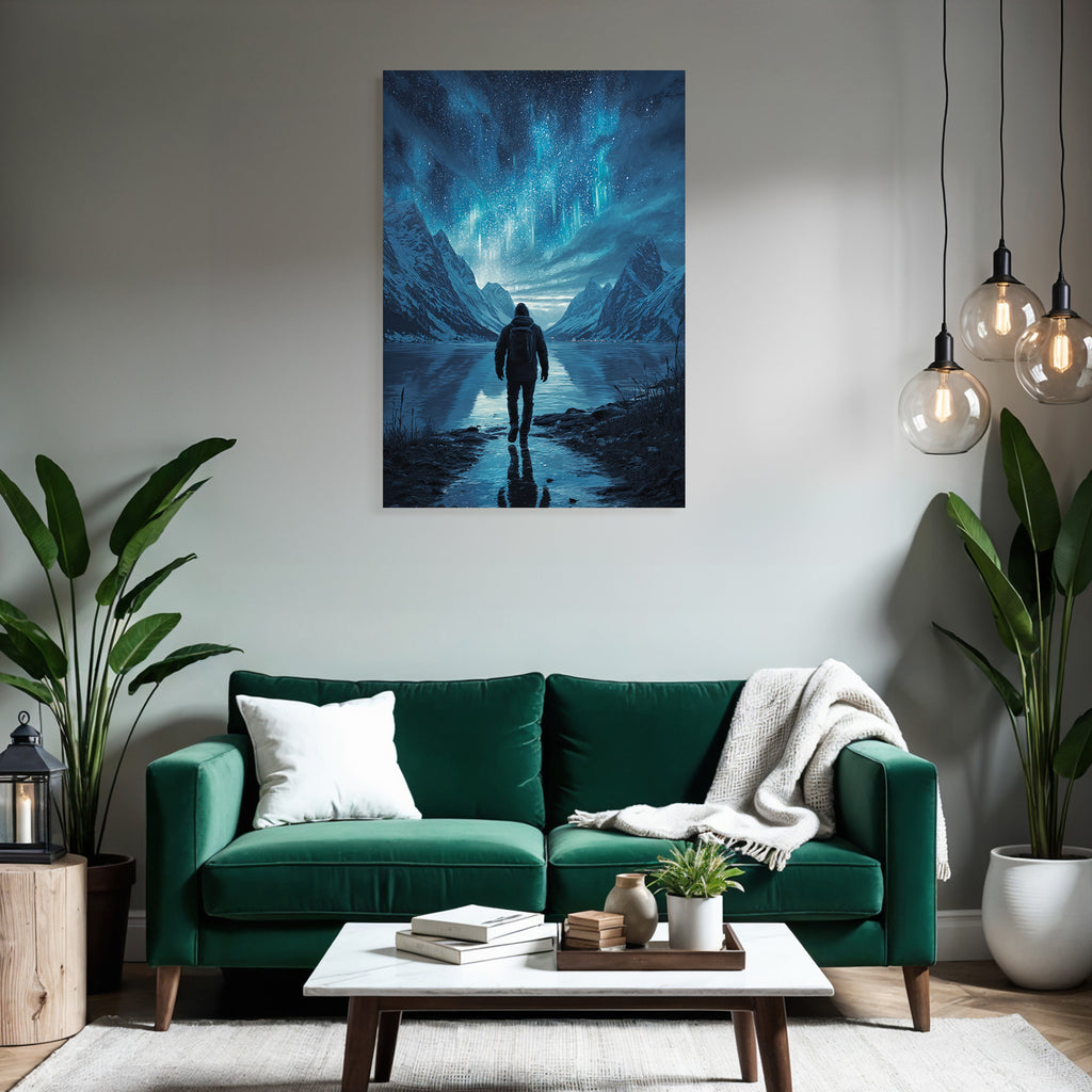Polarlicht Friedliche Landschaft Unter Aurora Borealis Mit Alleinstehender Figur Am See | Fjorde und Gletscher | Landschaften