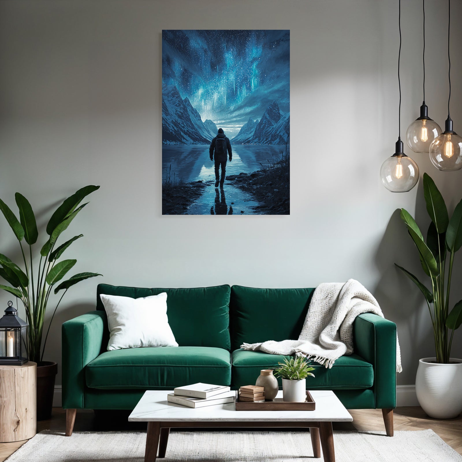 Polarlicht Friedliche Landschaft Unter Aurora Borealis Mit Alleinstehender Figur Am See | Fjorde und Gletscher | Landschaften