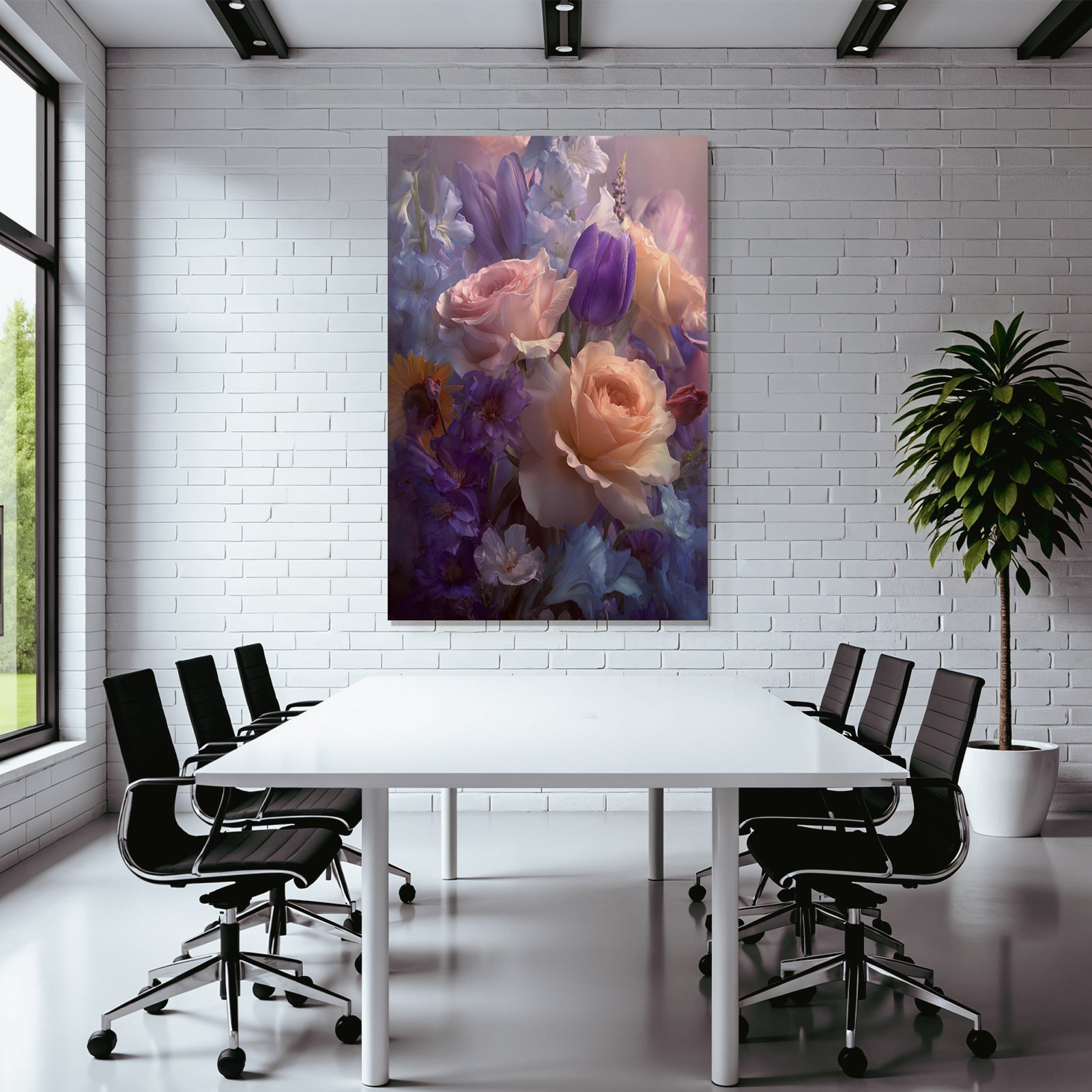 Romantische Florale Komposition Mit Pfirsichrosen Und Purpurtulpen
