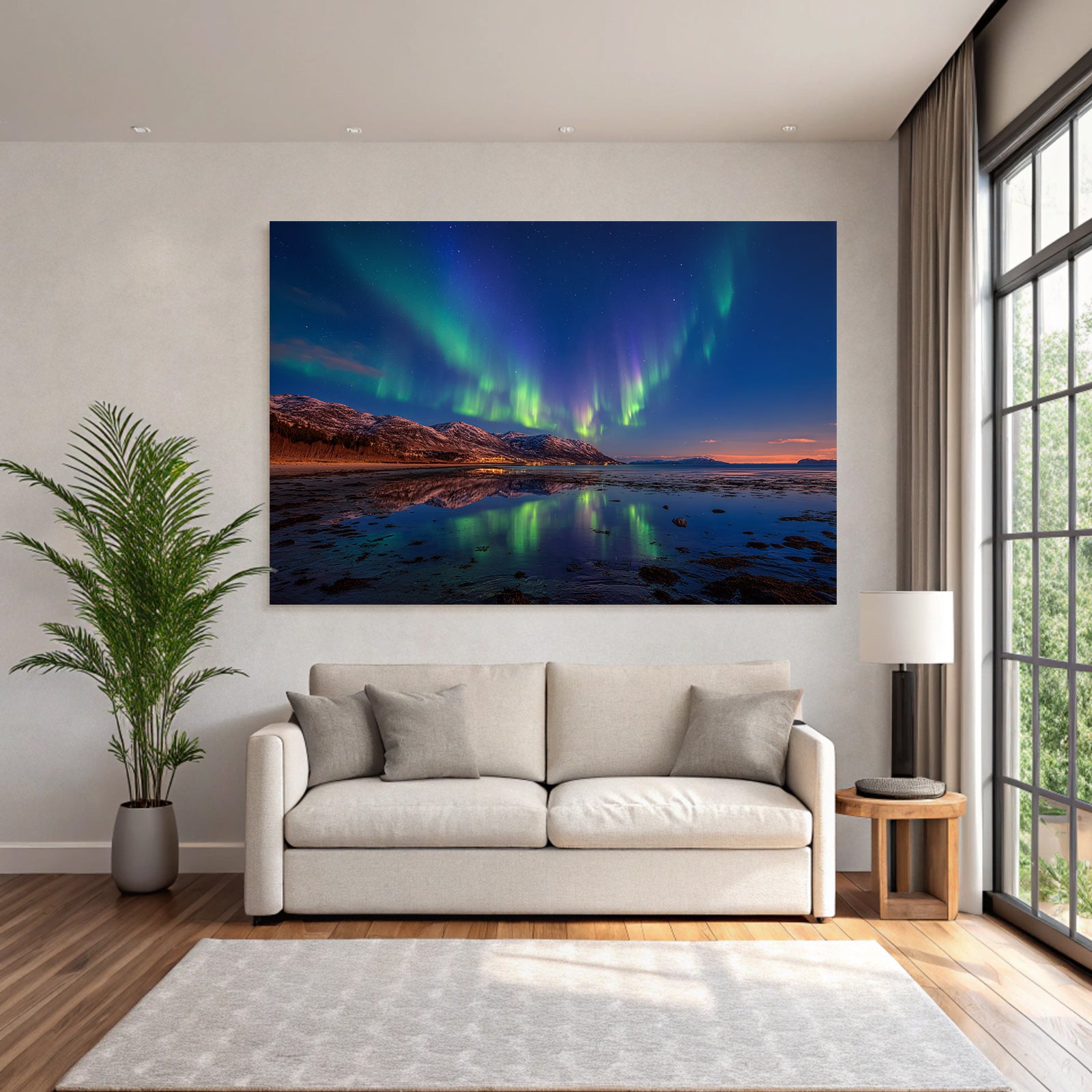 Polarlicht Nordlichter Aurora Borealis Nacht Himmel Reflexion Wasser Schneebedeckte Berge | Fjorde und Gletscher | Landschaften