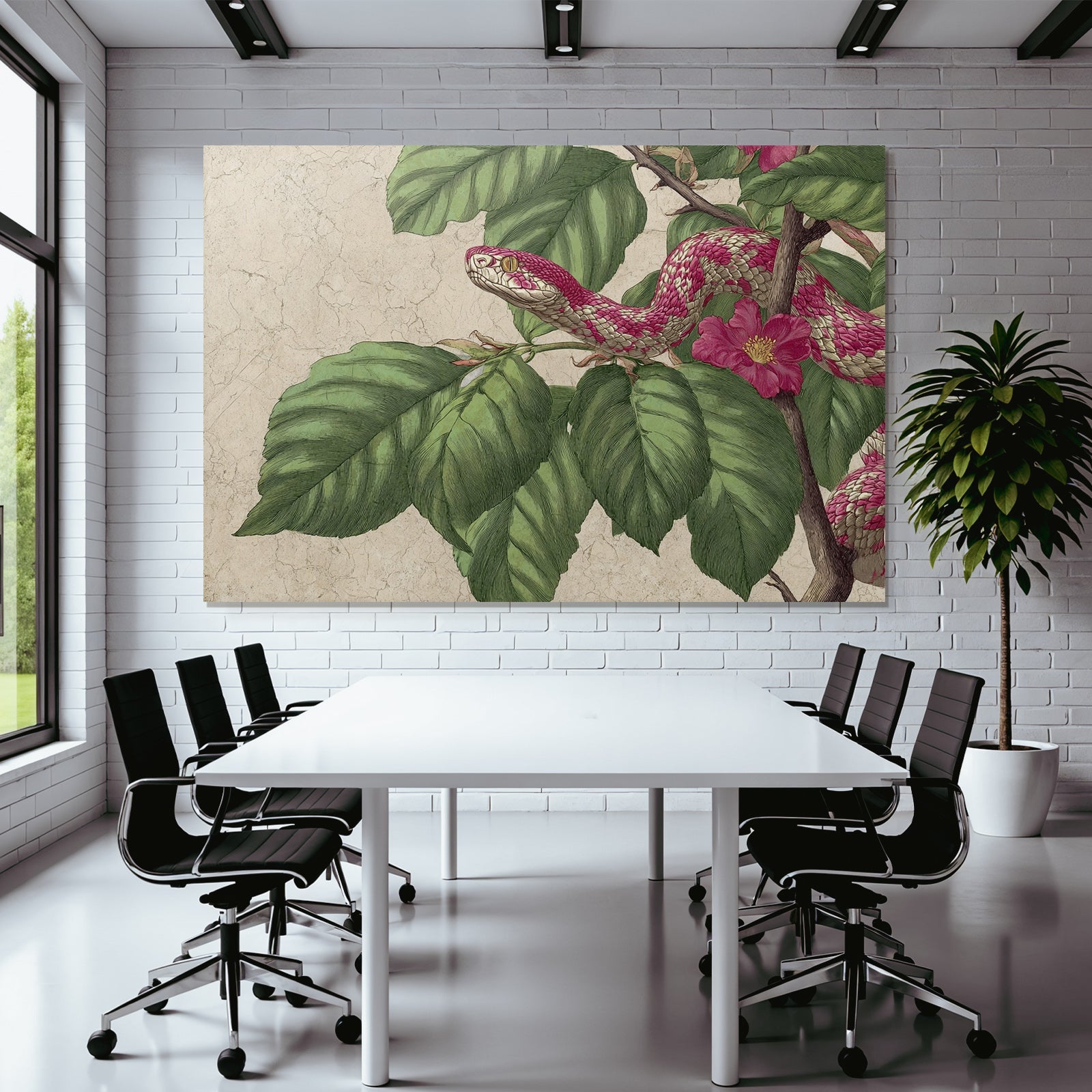 Schlange Auf Zweig Mit Grünen Blattern Und Rosa Blume