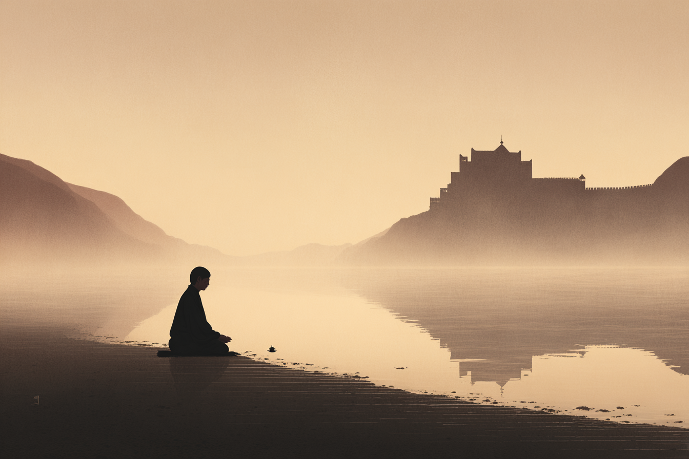 Yoga Meditation Ruhige Szene Meditation Am Wasser Mit Bergen Und Burg Silhoütte | Yoga und Meditation | Themen und Hobbys