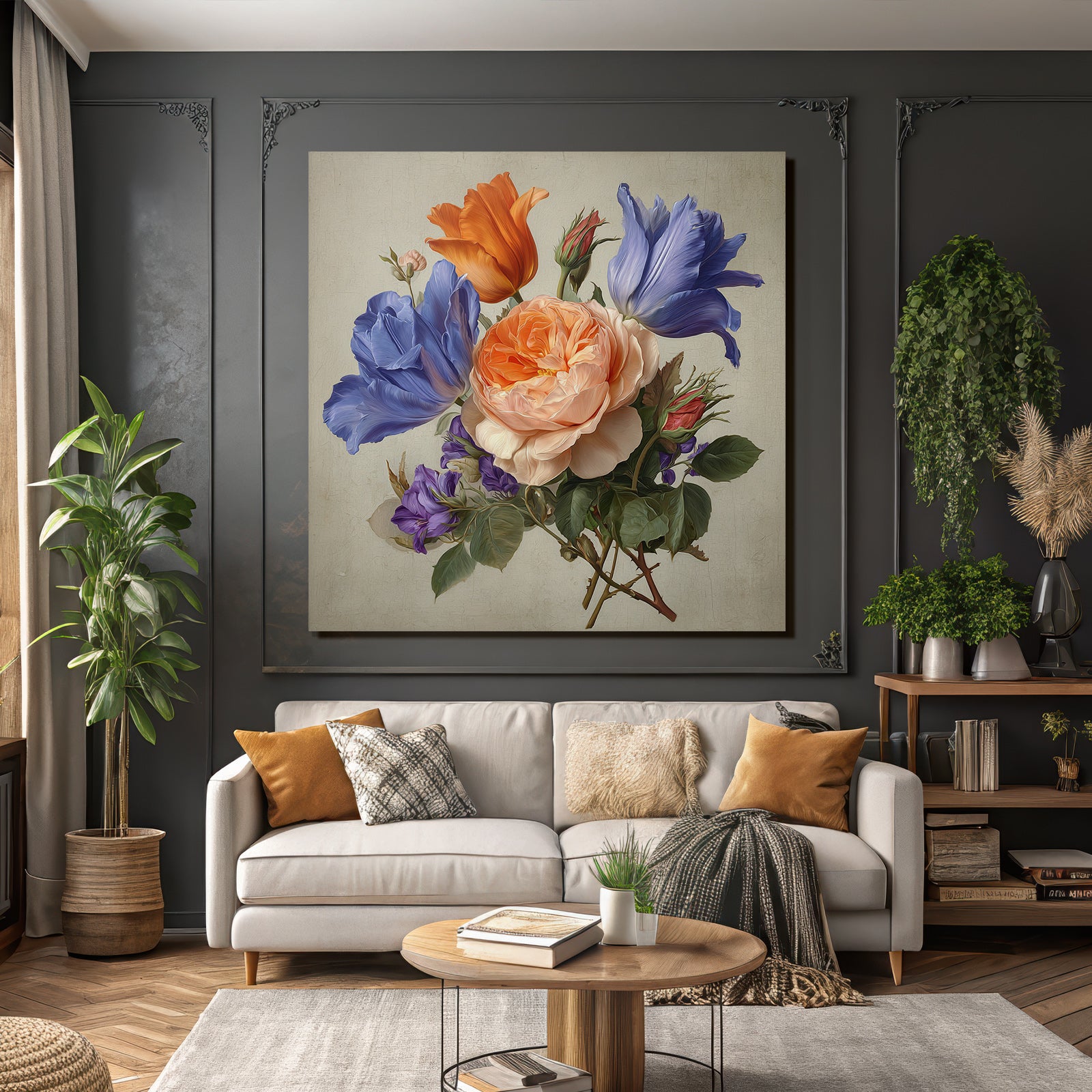 Schöner Blumiger Bunter Strauss Aus Blau Orange Rosa Und Purpur Mit Grünem Laub