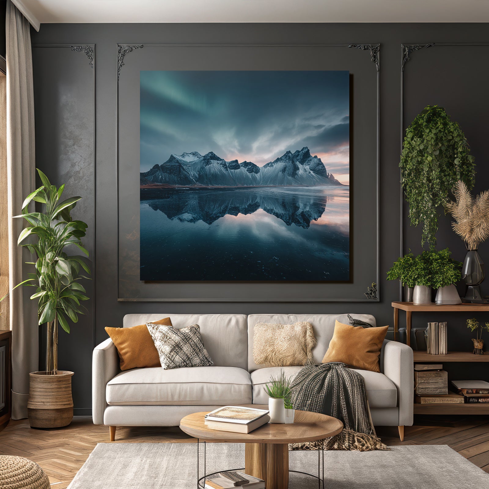 Polarlicht Dramatische Landlandschaft Mit Bergen Und Aurora Borealis | Fjorde und Gletscher | Landschaften
