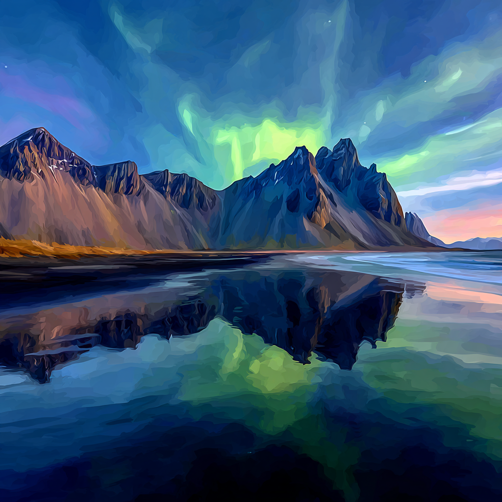 Polarlicht Szenische Landlandschaft Mit Bergen Und Nordlichtern Reflexion Im Wasser | Fjorde und Gletscher | Landschaften