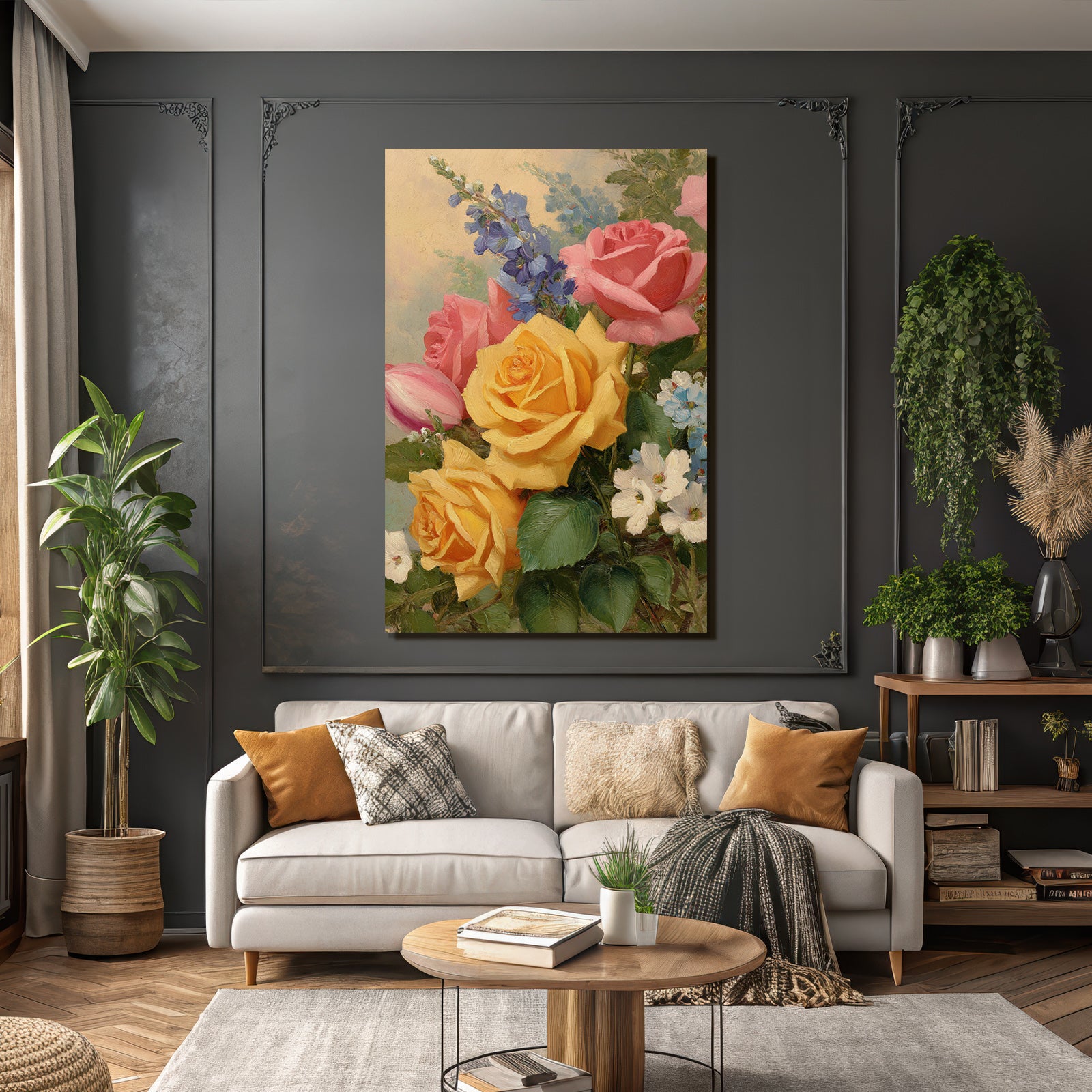 Wunderschöne Lebendige Gesteck Mit Rosen In Gelb Rosa Und Blüten Vor Hellem Hintergrund