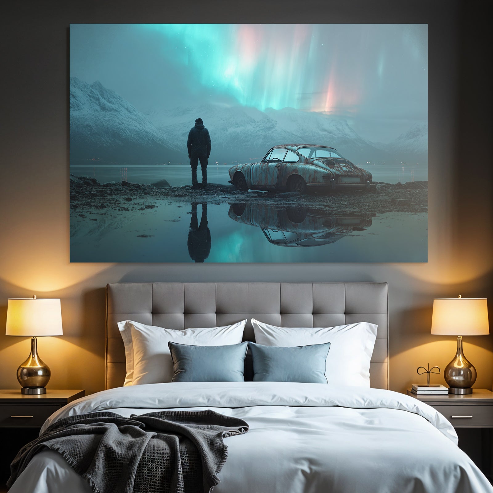 Polarlicht Ruhige Landschaft Aurora Borealis Auto Am Wasser | Fjorde und Gletscher | Landschaften