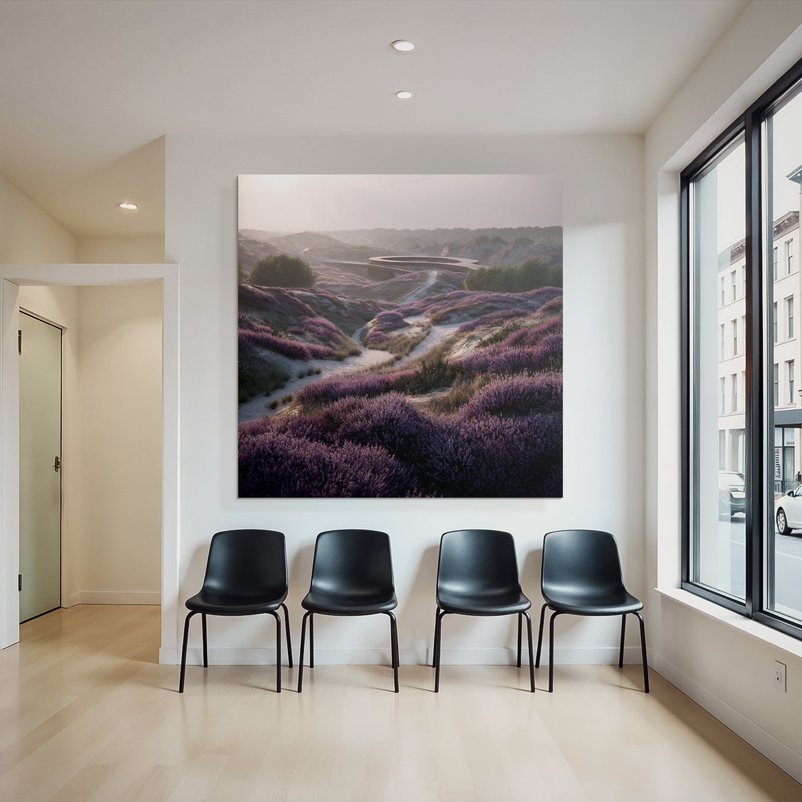 Landschaft Mit Heideblumen Modernen Architektur Dawn Dusk | Duenen und Heide | Landschaften