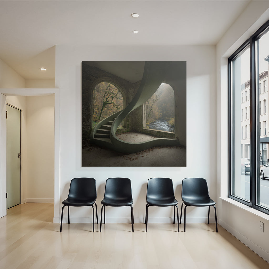 Verlassener Innenraum Moderne Spiraltreppe Herbstliche Aussicht Pflanzenwelt | Lost Places | Architektur