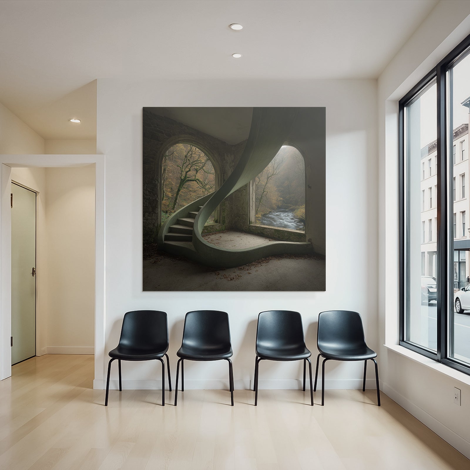Verlassener Innenraum Moderne Spiraltreppe Herbstliche Aussicht Pflanzenwelt | Lost Places | Architektur
