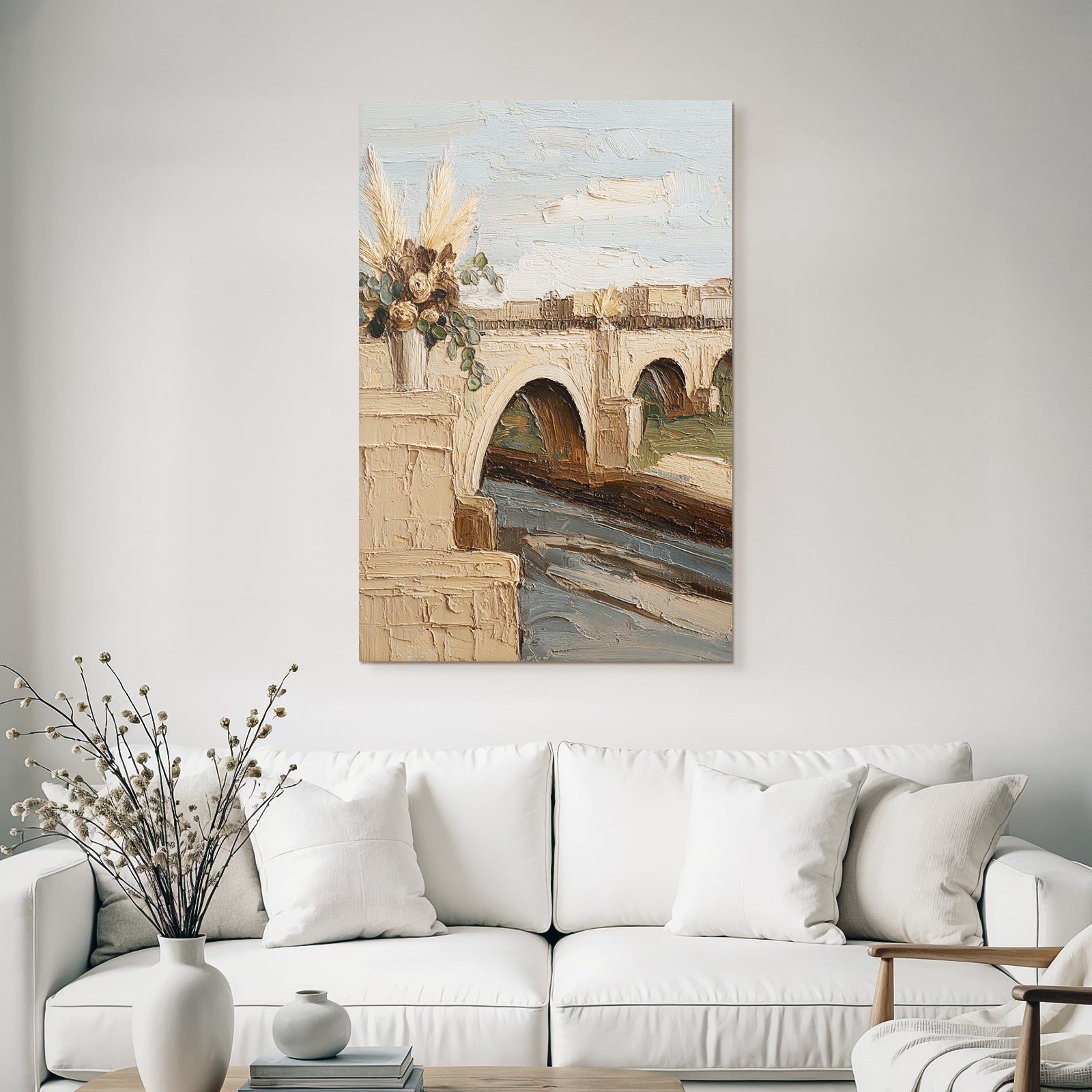Trocken Retro Flowers Brücke Über Fluss Vase Mit Getrockneten Serde Landschaft