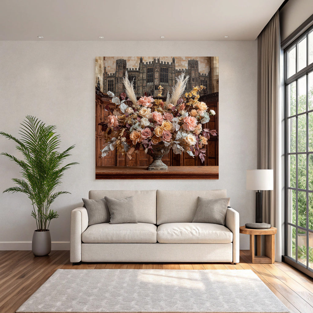 Trocken Retro Flowers Blumiges Arrangement In Ornamentalem Vase Mit Holz Hintergrund