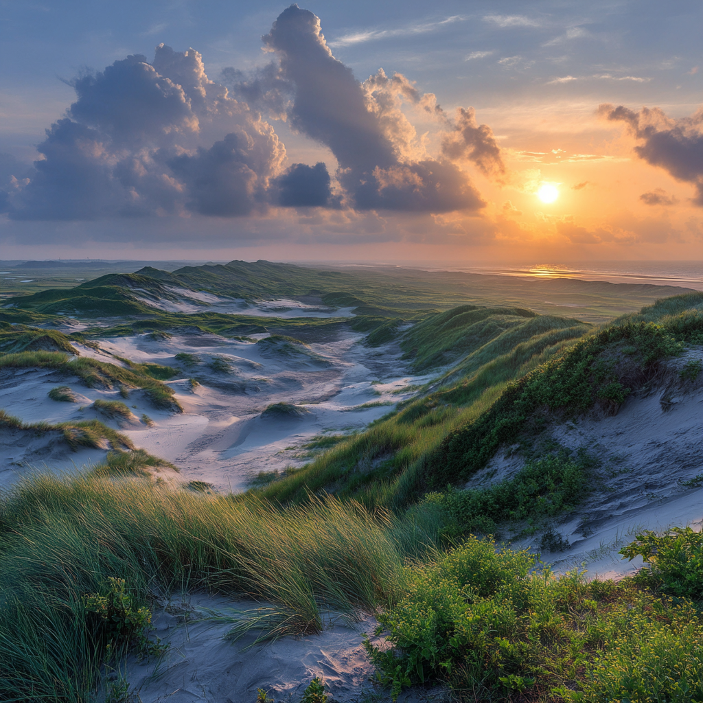 Ruhige Landschaft Sanddünen Horizontfarbiger Sonnenuntergang | Duenen und Heide | Landschaften