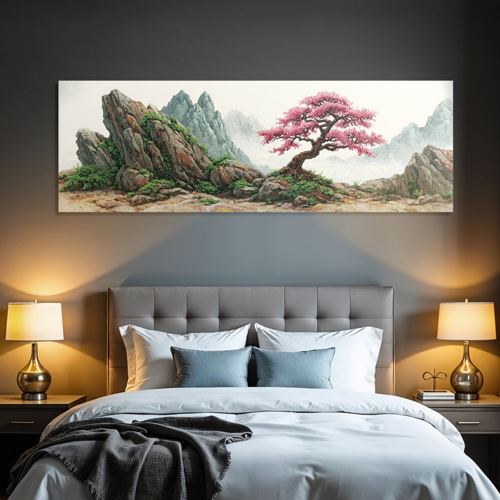 Blühender Baum In Felsenlandschaft Vor Bergen