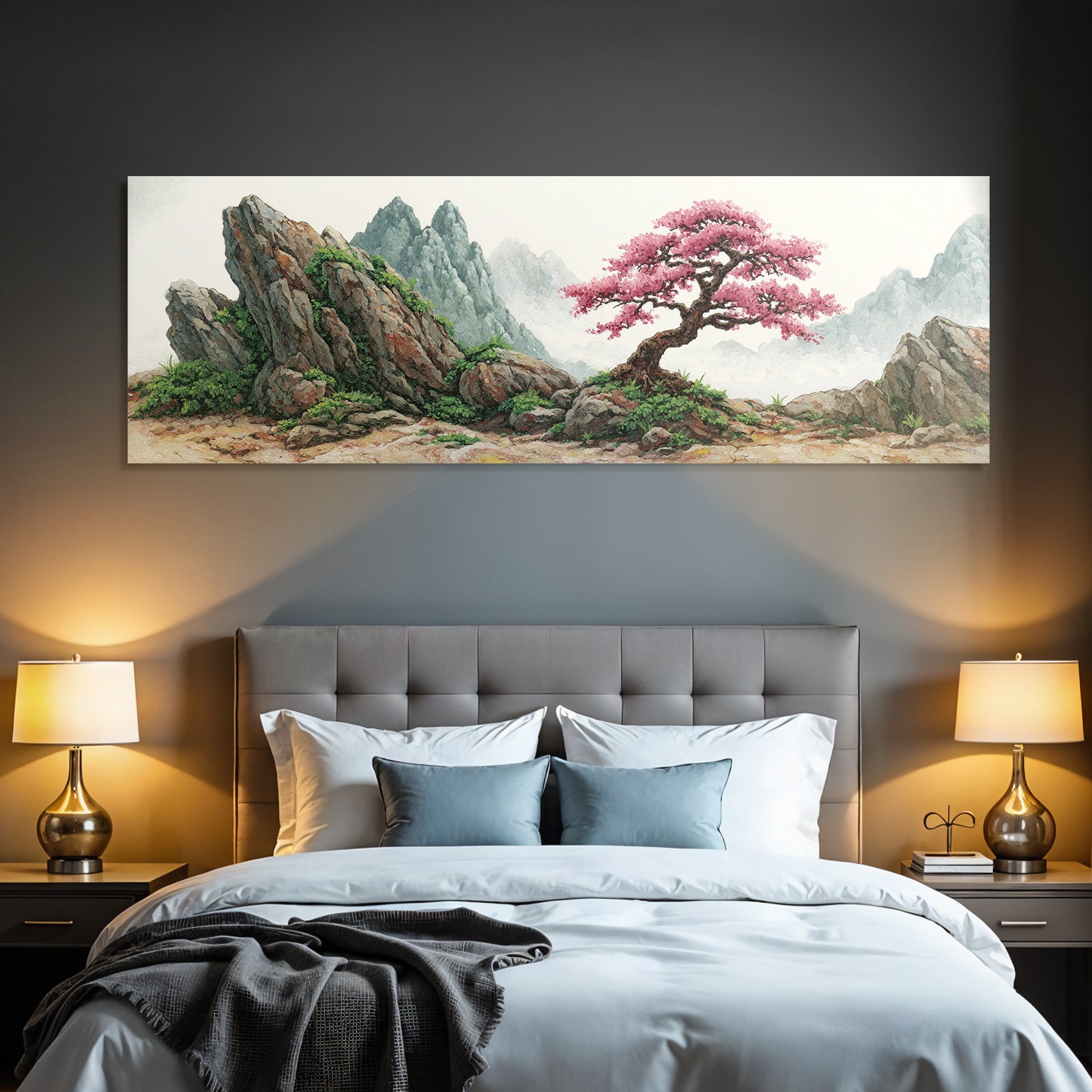 Blühender Baum In Felsenlandschaft Vor Bergen