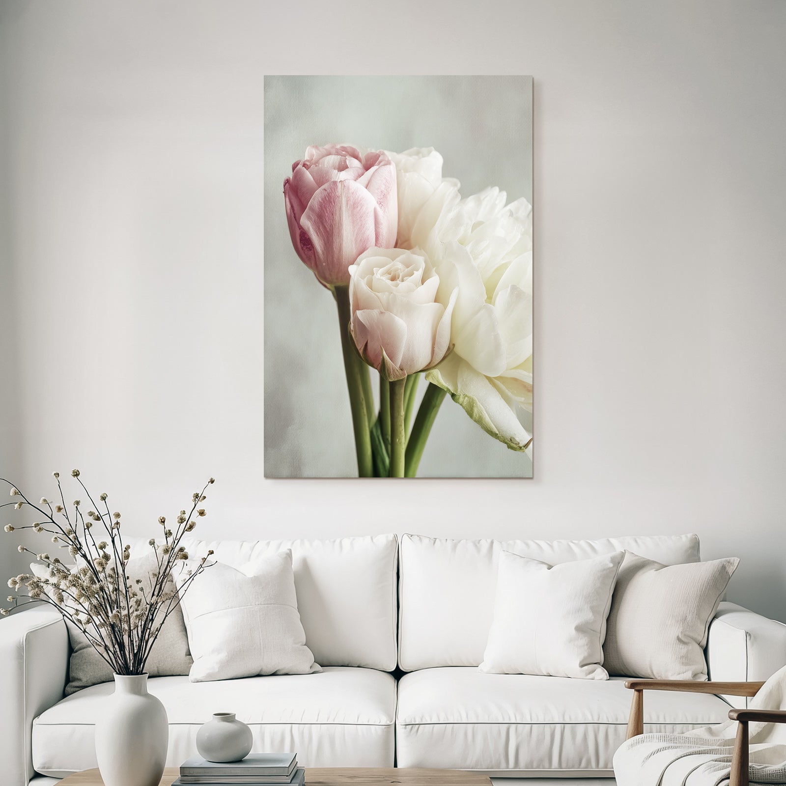 Nahaufnahme Von Rosa Und Weisser Rose Mit Tulpen