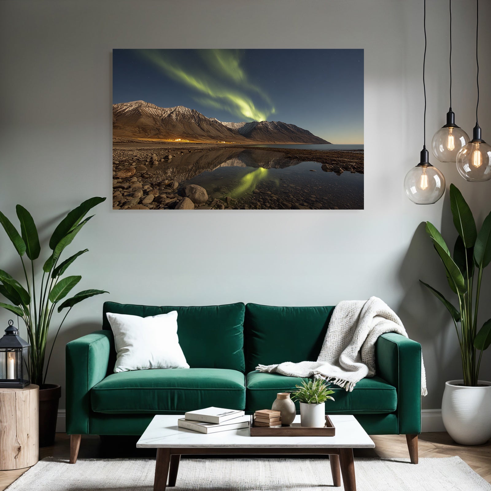 Polarlicht Nordlichter Reflektion Berge Und Wasser Schneebedeckt Ruhe | Fjorde und Gletscher | Landschaften