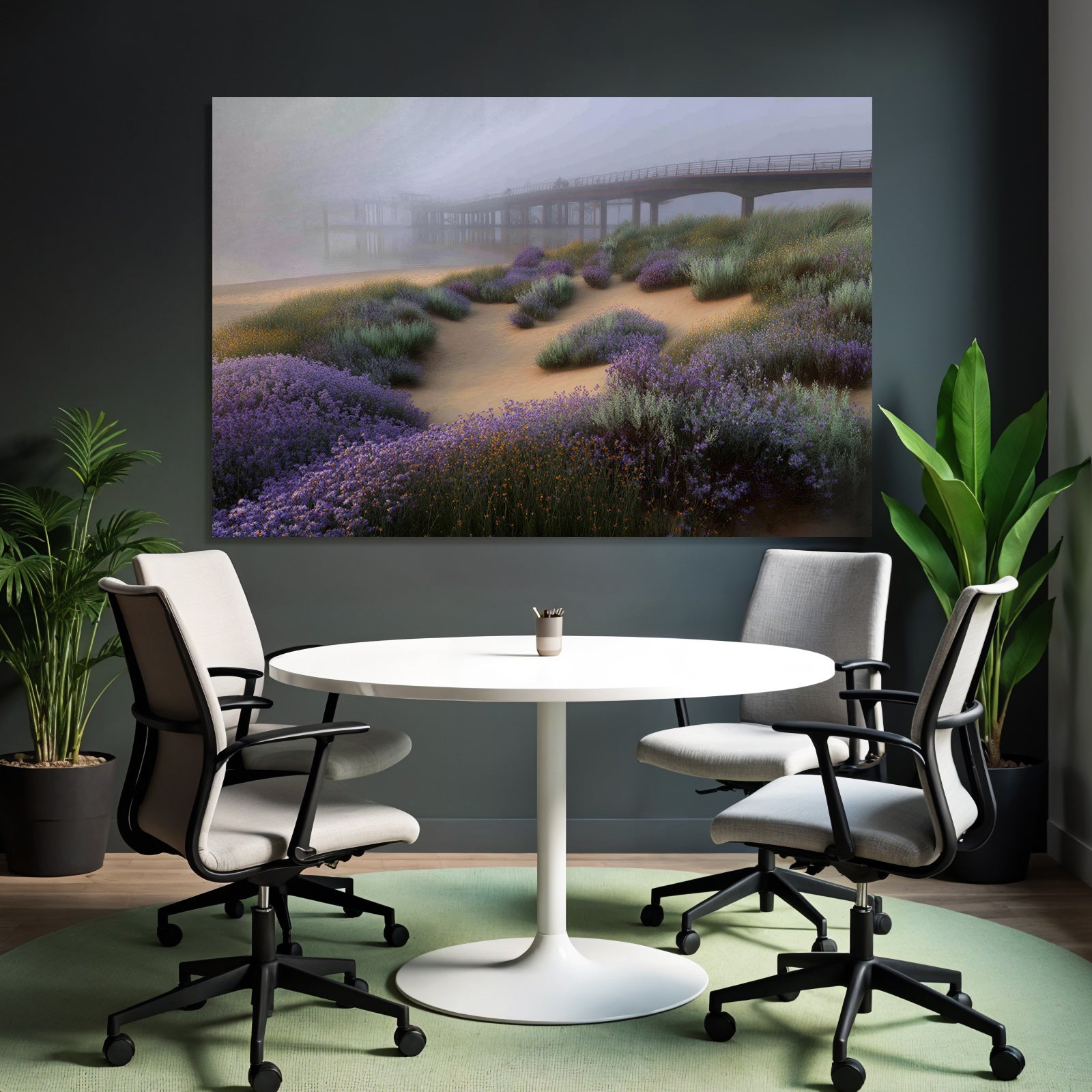 Friedliche Landschaft Mit Pier Und Nebel Mit Lila Blumen | Duenen und Heide | Landschaften