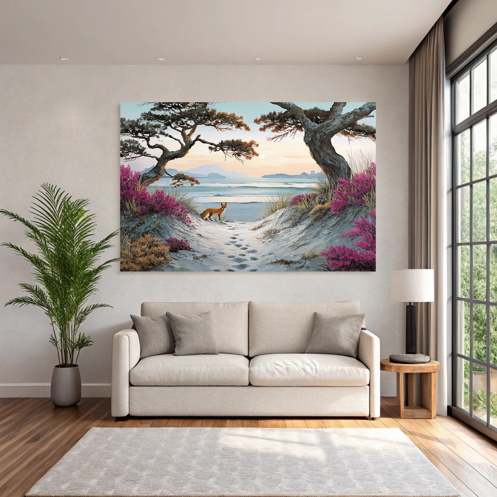 Szenenlandschaft Mit Strand Und Fox Unter Bergen Und Blumen | Duenen und Heide | Landschaften