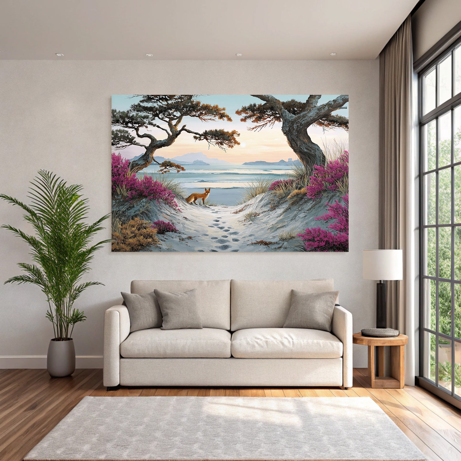 Szenenlandschaft Mit Strand Und Fox Unter Bergen Und Blumen | Duenen und Heide | Landschaften