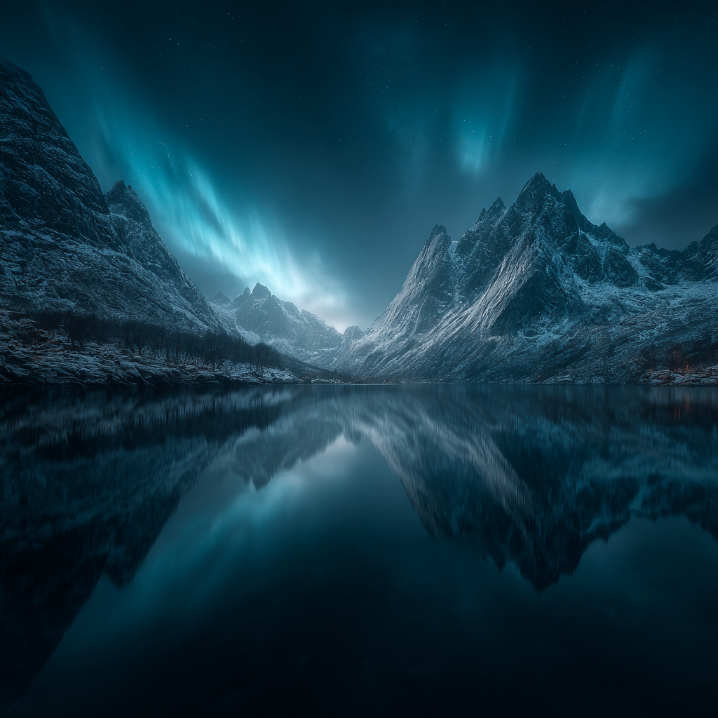 Polarlicht Beruhigende Nachtlandschaft Mit Northern Lights Und Gebirgen | Fjorde und Gletscher | Landschaften