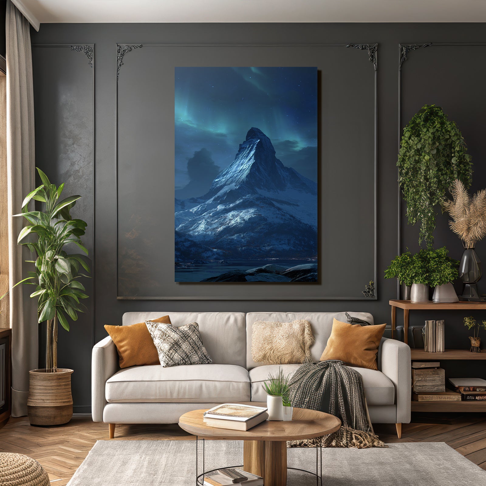 Polarlicht Dramatische Gebirgslandschaft Nacht Aurora Borealis Schneebedeckt | Fjorde und Gletscher | Landschaften