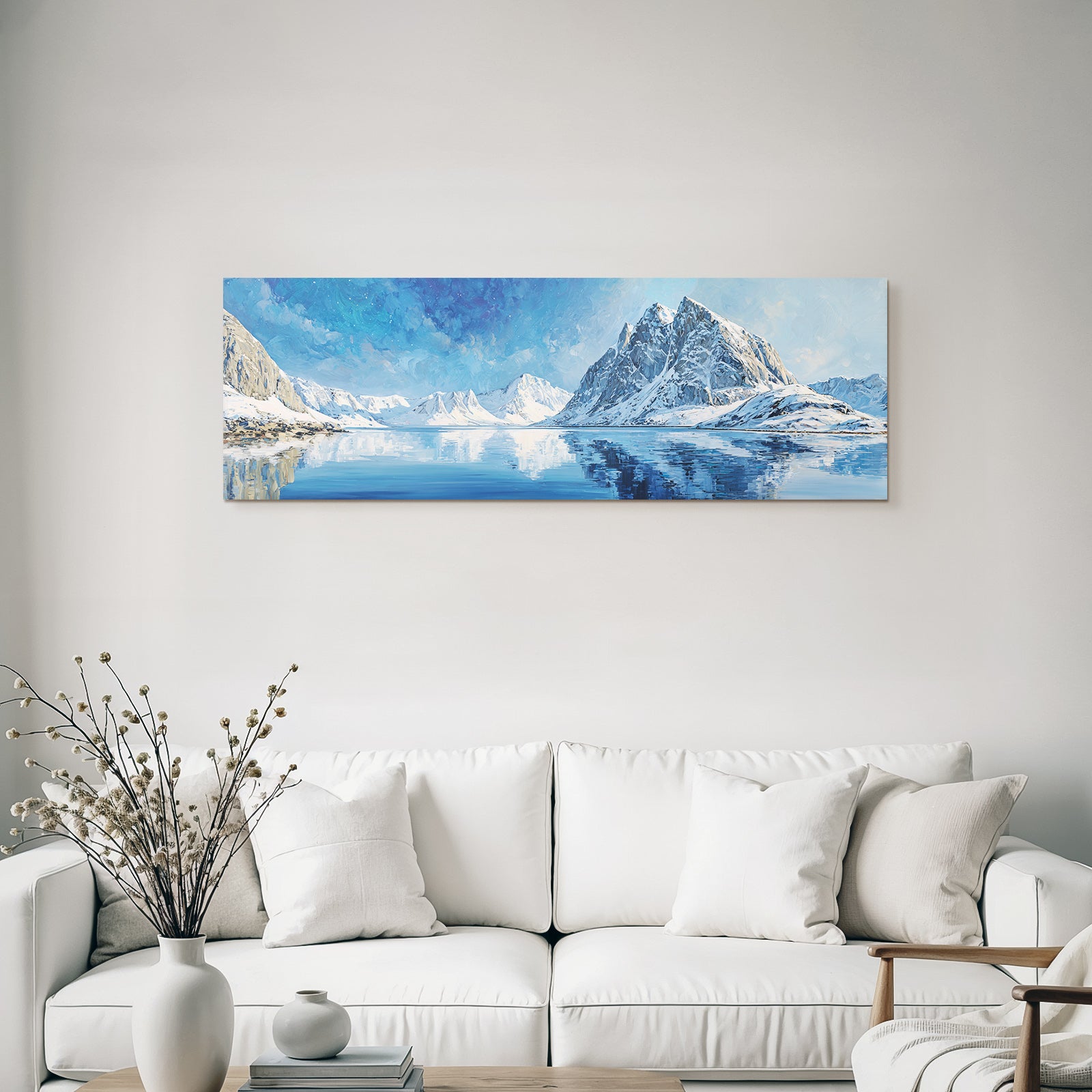 Polarlicht Schneebedeckte Berge Und Ruhiger Wasser Spiegel Winterlandschaft | Fjorde und Gletscher | Landschaften