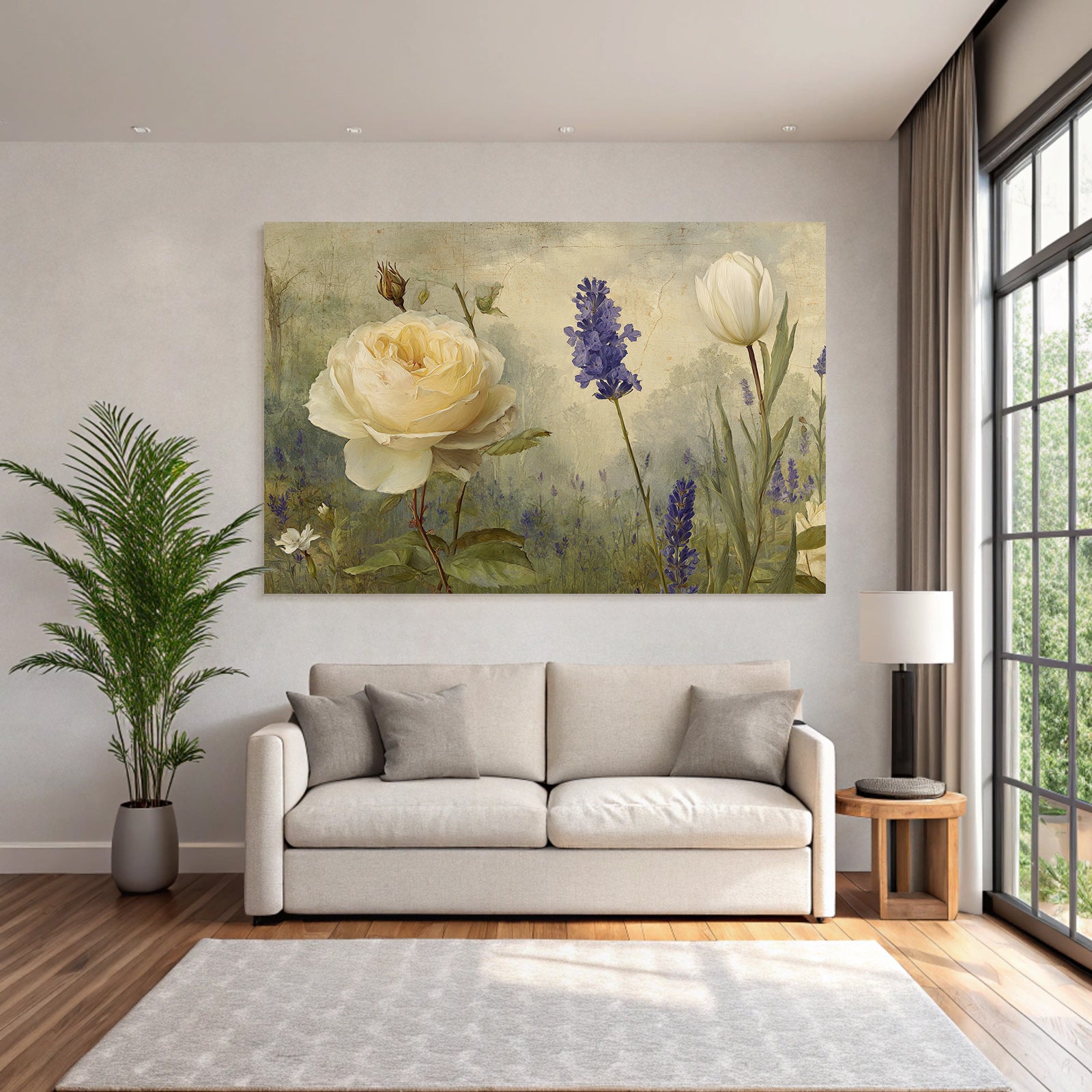 Stilisierte Gemälde Mit Cremefarbener Rose Weisser Tulpe Und Lila Blüten