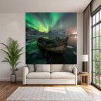 Polarlicht Winterlandschaft Boote Auroraborealis Schneebärgebirge | Fjorde und Gletscher | Landschaften
