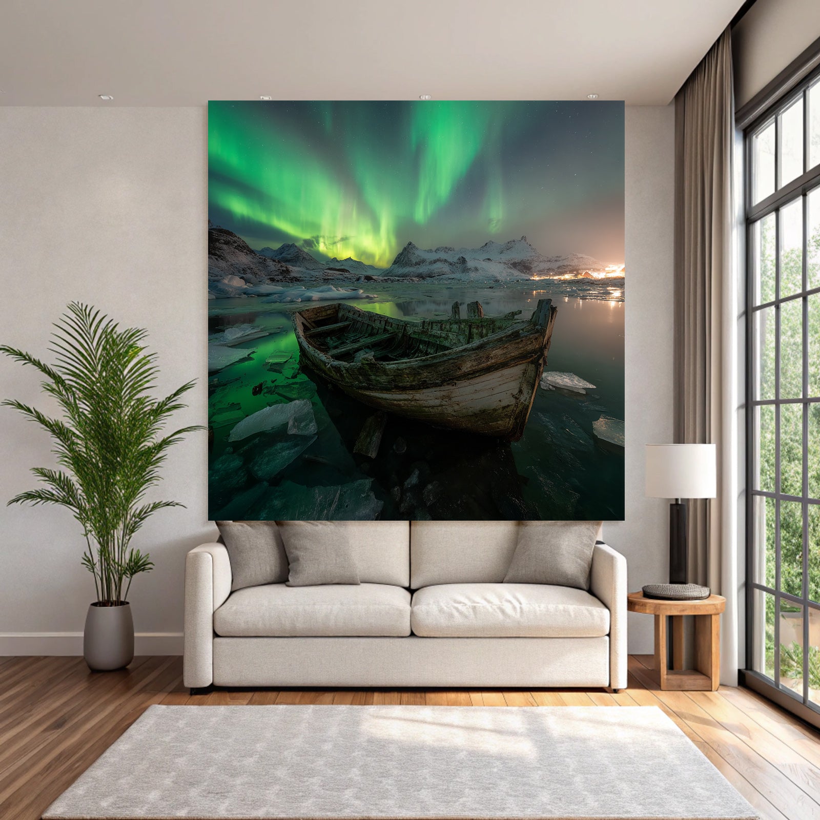 Polarlicht Winterlandschaft Boote Auroraborealis Schneebärgebirge | Fjorde und Gletscher | Landschaften